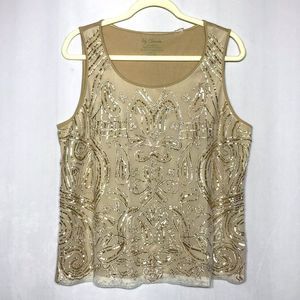 Chico’s Tan Sleeveless Blouse with Abstract Gold Design